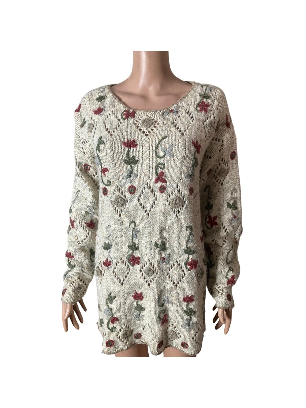 Vintage Marsh Landing Hand Knits Cream Floral Cottagecore Sweater Womens S